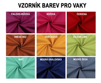 Vzorník barevných variant pro vaky se jménem