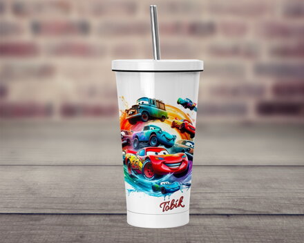 Termopohárek s brčkem Duhová auta