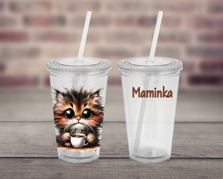 Plastový pohárek s brčkem Cat coffee