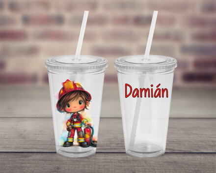 Plastový pohárek s brčkem Hasič kluk