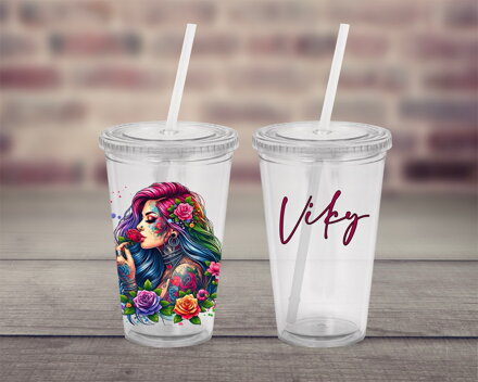 Plastový pohárek s brčkem Tattoo girl