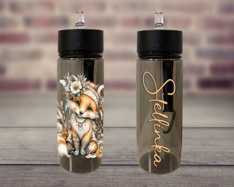 Plastová lahev s pítkem Květinová kreslená Liška Plastová lahev s pítkem Květinová kreslená Liška