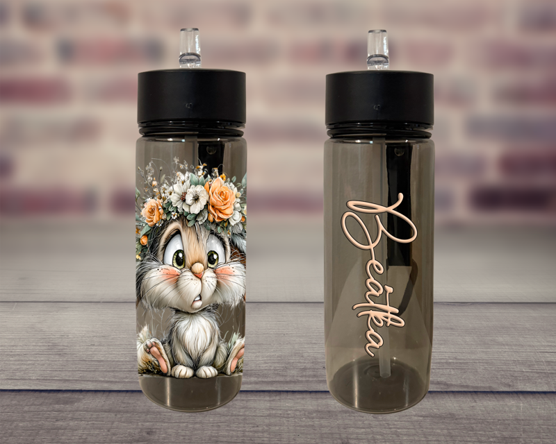 Plastová lahev s pítkem Květinový kreslený Zajíček Plastová lahev s pítkem Květinový kreslený Zajíček