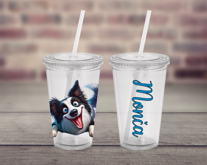 Plastový pohárek s brčkem Border Collie
