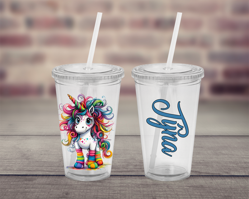 Plastový pohárek s brčkem Duhový jednorožec