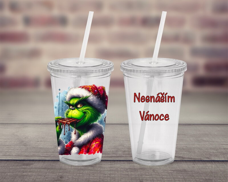 Plastový pohárek s brčkem Grinch