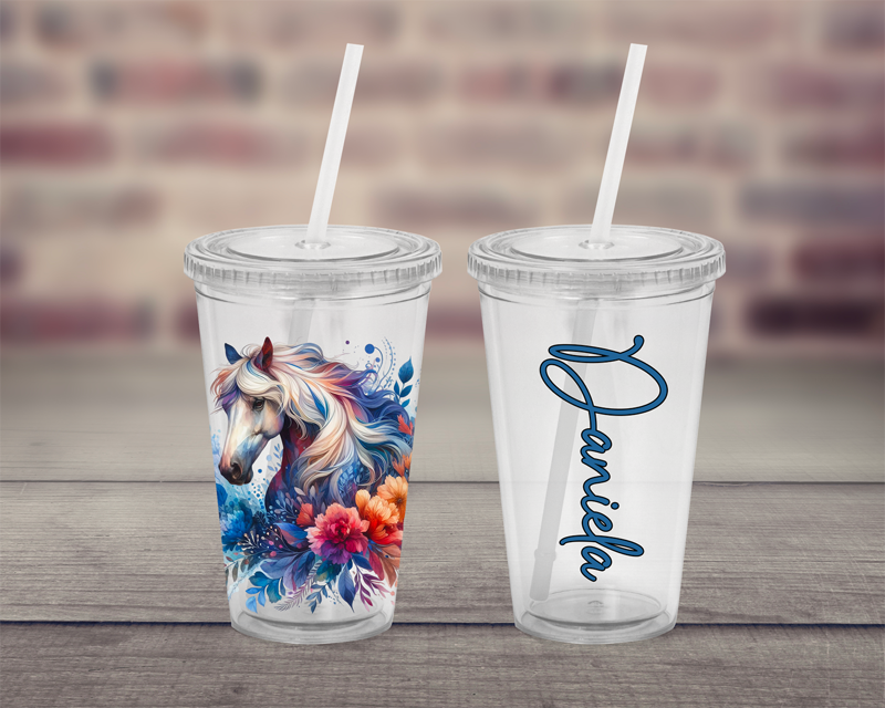 Plastový pohárek s brčkem Koně