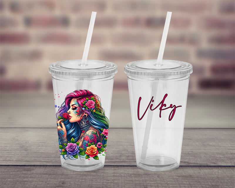 Plastový pohárek s brčkem Tattoo girl Plastový pohárek s brčkem Tattoo girl
