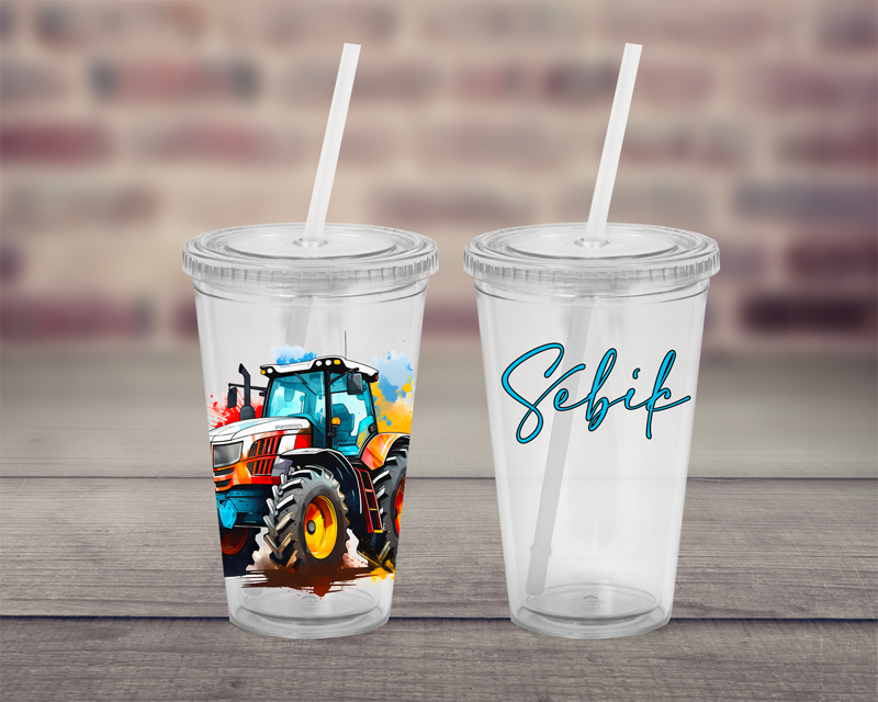 Plastový pohárek s brčkem Traktory